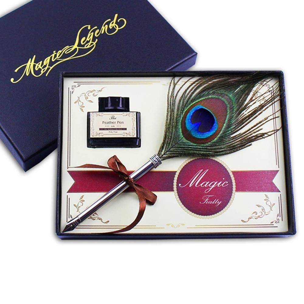 Peacock Feather Quill Dip Pen Fine Nib Writing Ink Set with Gift Box – Steel Ink Stationery Set for Calligraphy Creative Writing
