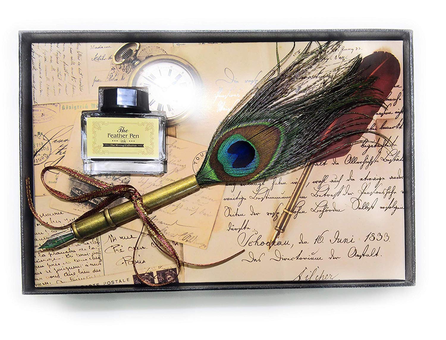 Peacock Feather Quill Dip Pen Fine NibWriting Ink Set with