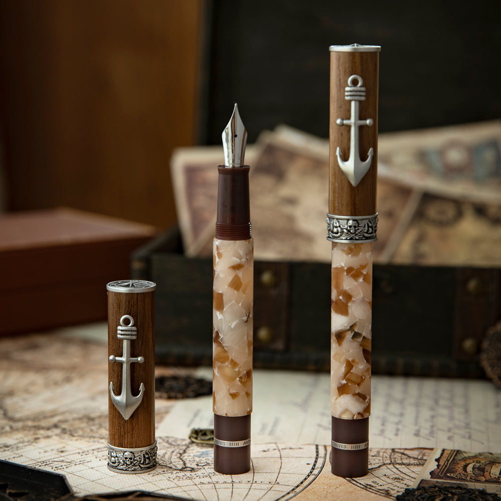NATAMI Tidebreaker Piston Filling Fountain Pen – Premium Resin & Wood Barrel with Anchor Clip, Fine Nib Luxury Writing Pen for Journaling, Office & Business