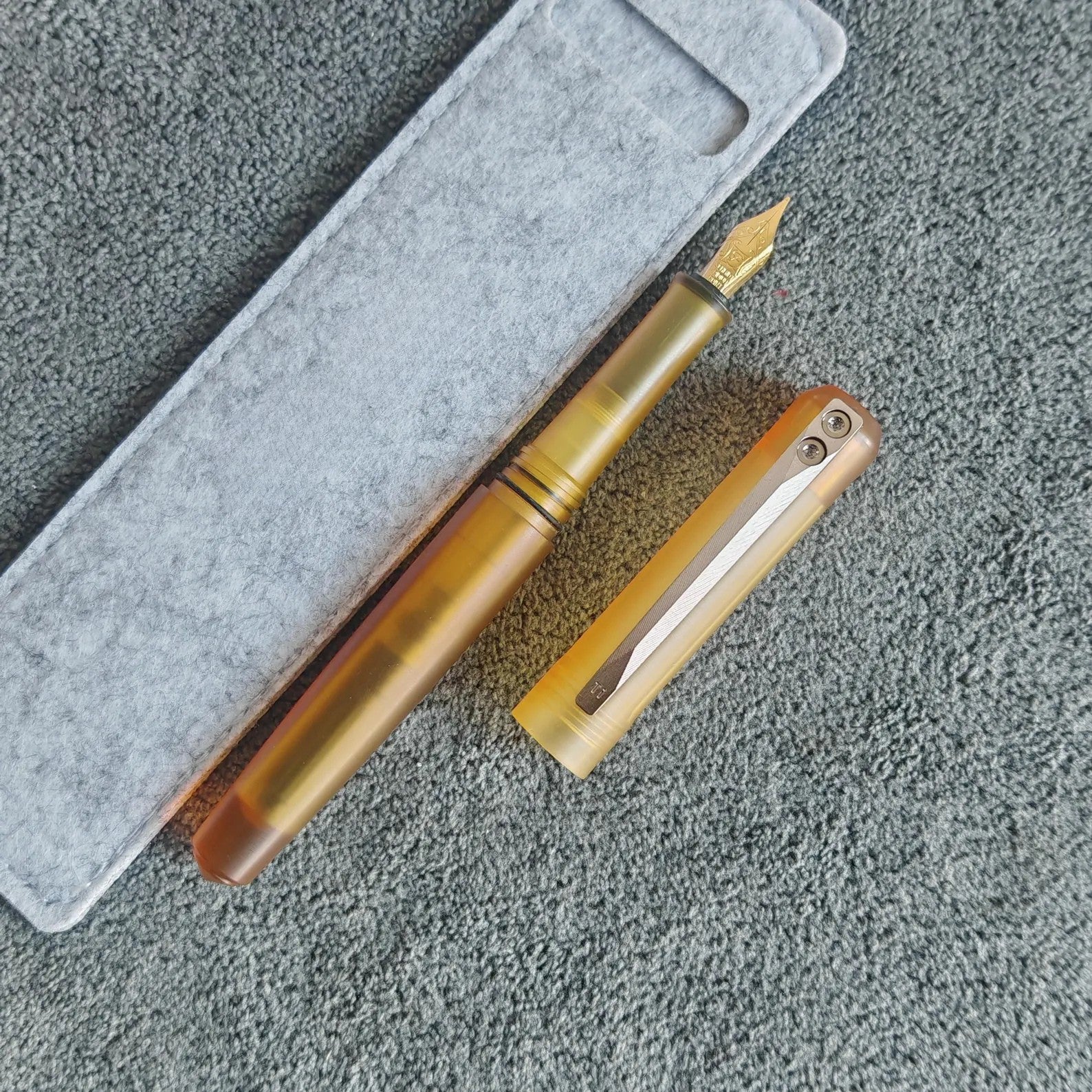 Ultem PEI Fountain Pen with Titanium Clip (TC4) – Fine Nib, Transparent Amber Body, Lightweight Premium Writing Pen