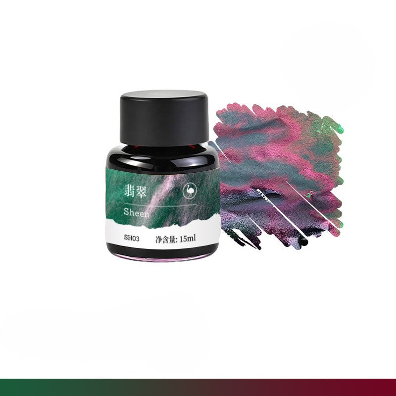 Ostrich Green Emerald Sheen Fountain Pen Ink 15ml – Emerald Green with Pink Purple Metallic Sheen Ink