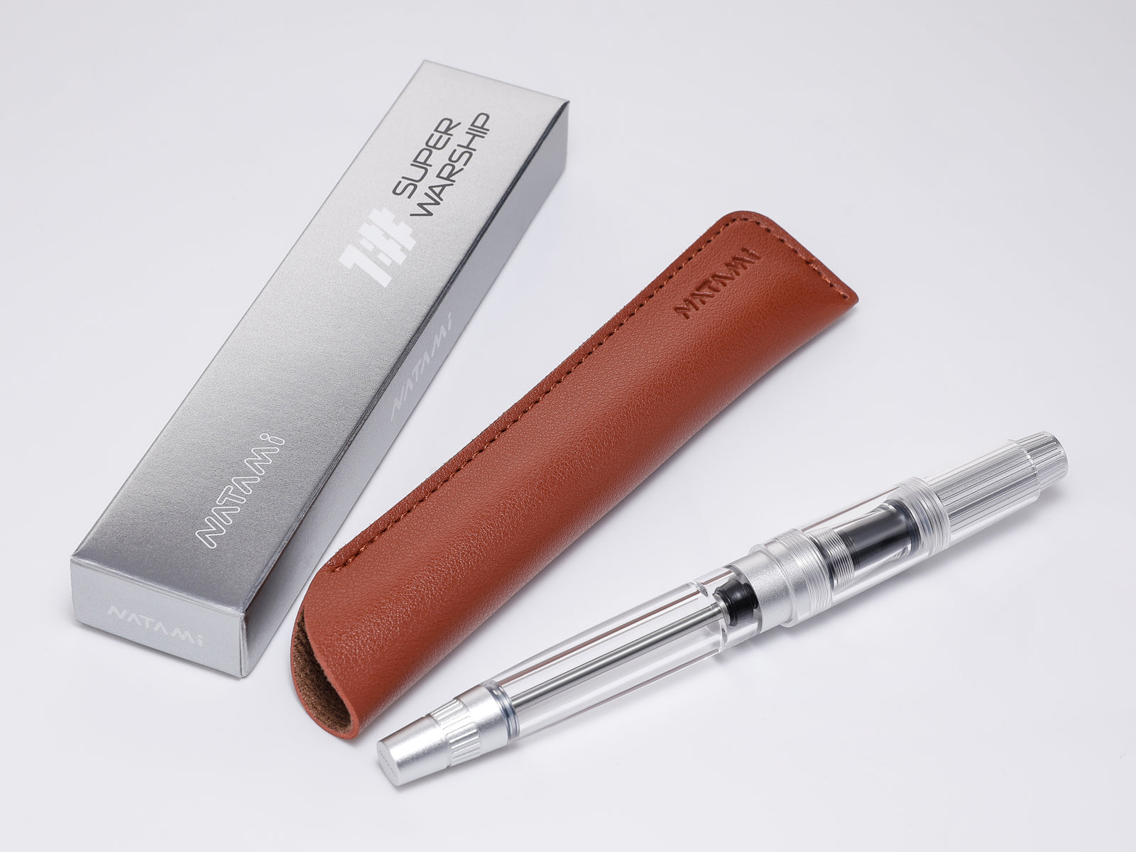 Natami Super Warship Fountain Pen – Fine Nib, Transparent Clear Body, Vacuum Filling System (White Storms Design)