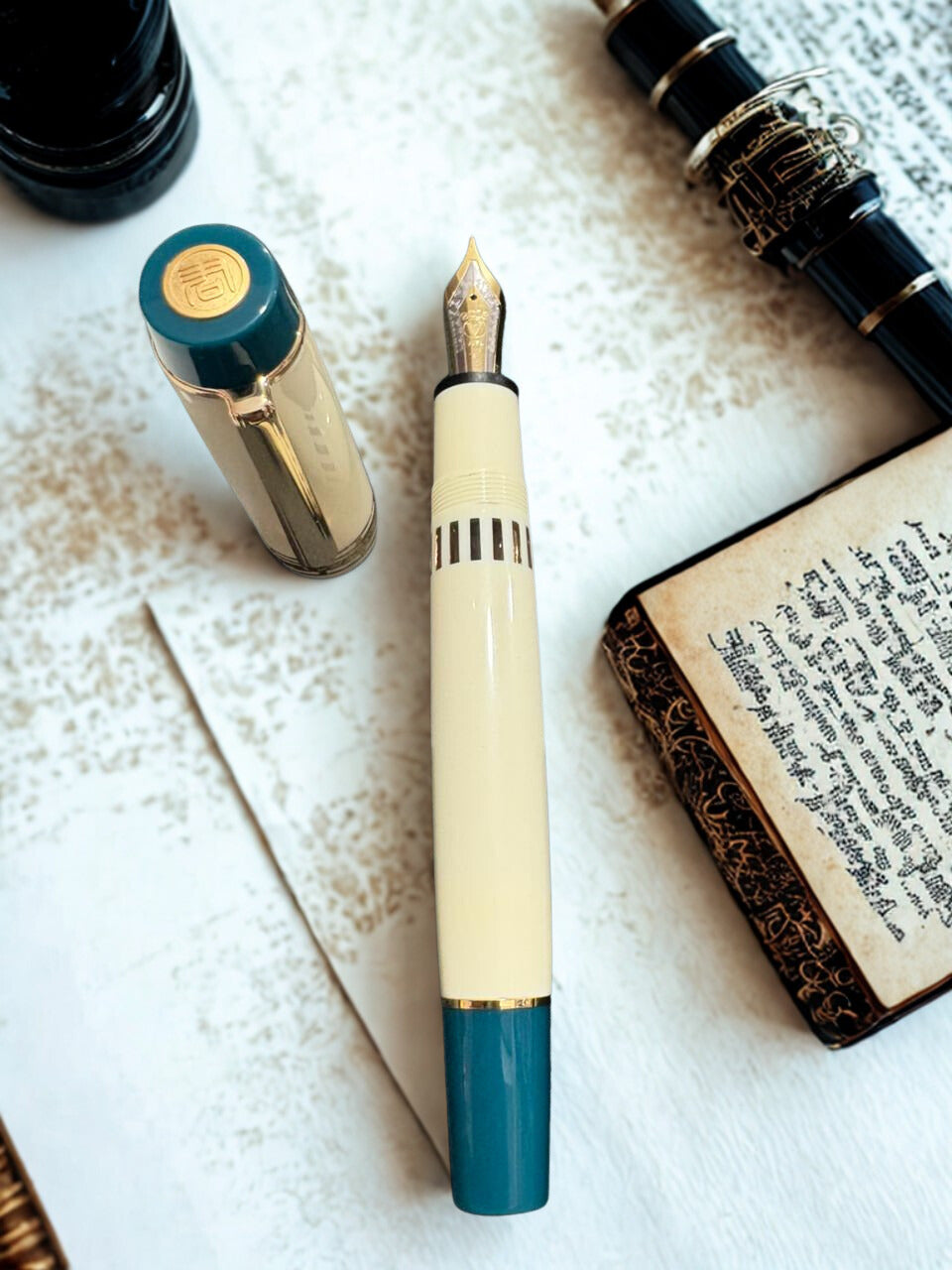 Wing Sung Junlai 630 Flat Top Acrylic Fountain Pen, Gold Trim, Piston Filling System ,Ivory White