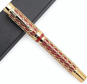 Jinhao 100 Fountain Pen –  Red Resin & Gold Metal Grid Skeleton Design, Fine & Medium Nib Options with Ink Converter