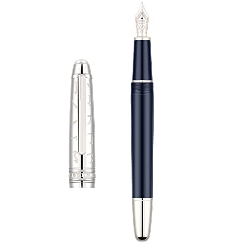 Moonman P135 Blue Resin Fountain Pen Small Extra Fine Nib, Beautiful Oracle Metal Pen Cap Pearl Top