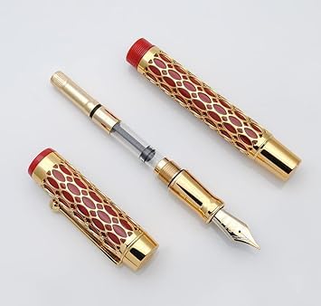Jinhao 100 Fountain Pen –  Red Resin & Gold Metal Grid Skeleton Design, Fine & Medium Nib Options with Ink Converter
