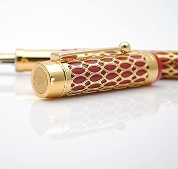 Jinhao 100 Fountain Pen –  Red Resin & Gold Metal Grid Skeleton Design, Fine & Medium Nib Options with Ink Converter