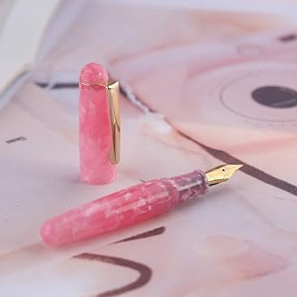 Moonman Q2 Mini Fountain Pen Eyedropper Filling, Extra Fine Nib Cherry Blossom Powder Acrylic Pen with Eyedropper and Pen Case