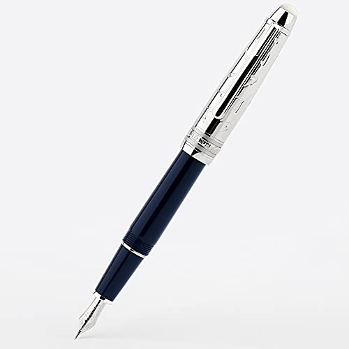 Moonman P135 Blue Resin Fountain Pen Small Extra Fine Nib, Beautiful Oracle Metal Pen Cap Pearl Top
