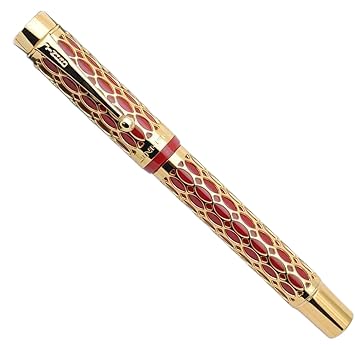 Jinhao 100 Fountain Pen –  Red Resin & Gold Metal Grid Skeleton Design, Fine & Medium Nib Options with Ink Converter