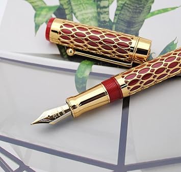 Jinhao 100 Fountain Pen –  Red Resin & Gold Metal Grid Skeleton Design, Fine & Medium Nib Options with Ink Converter