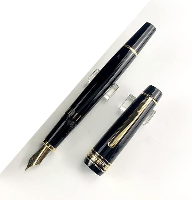 Wing Sung 629 Piston Filling Fountain Pen – Fine 0.5mm Iridium Nib, Black Resin with Gold Clip, Flat Top Design