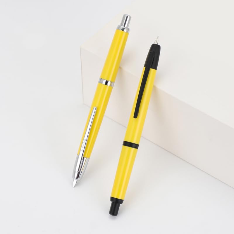 Jinhao 20 Press Retractable Fountain Pen – Lemon Yellow Colors – Plastic Body(Silver Clip) - Fine & Extra Fine Nib with Converter –Smooth Writing Daily Pen (No Ink Included)