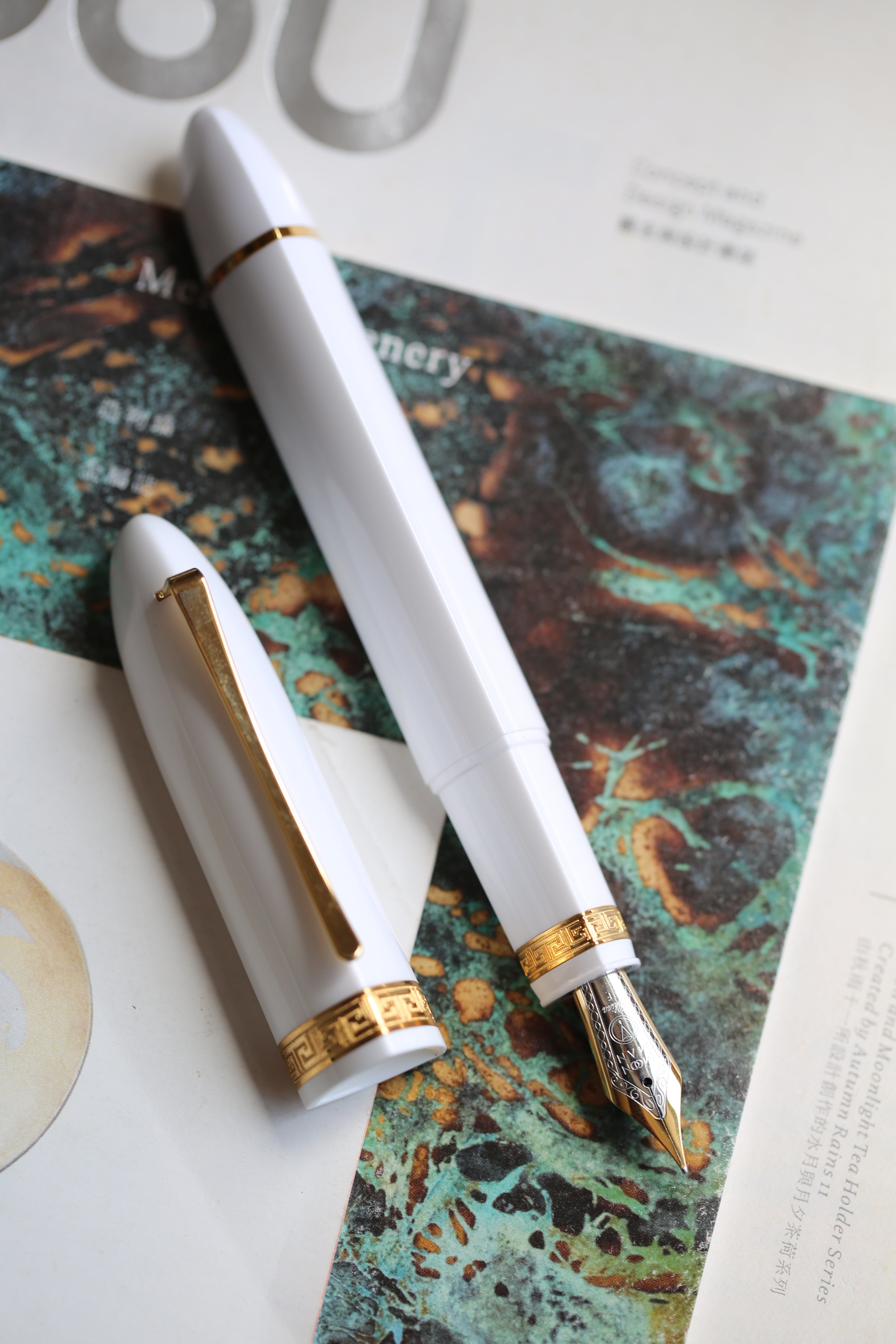 Moonman V60 Triangular Piston Fountain Pen – Ergonomic Fine Writing Instrument with Resin Body And Gift Box (White With Gold Trim & Clip)