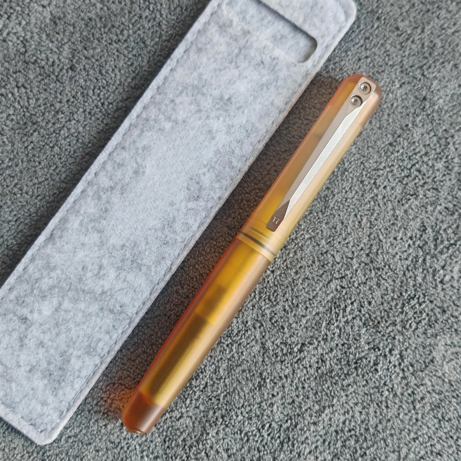 Ultem PEI Fountain Pen with Titanium Clip (TC4) – Fine Nib, Transparent Amber Body, Lightweight Premium Writing Pen