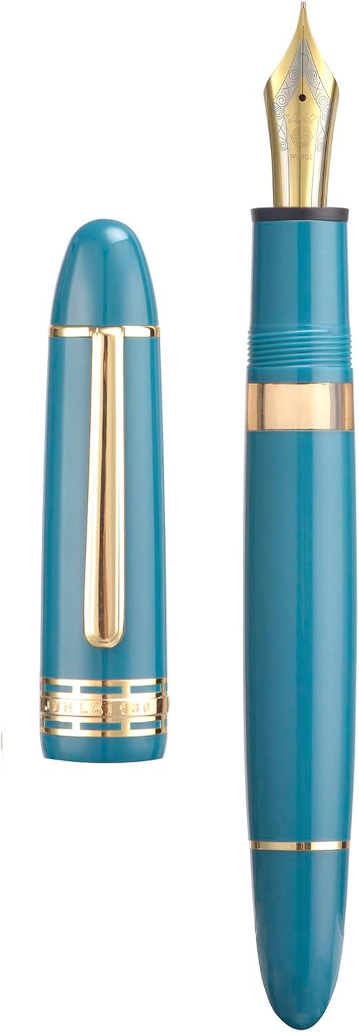 Wing Sung Junlai 630 Acrylic Fountain Pen – #8 Fine Nib, Piston Filling System, Piano Black / Maroon / Blue-Green(Transparent Ink Tank, Gold Trim)