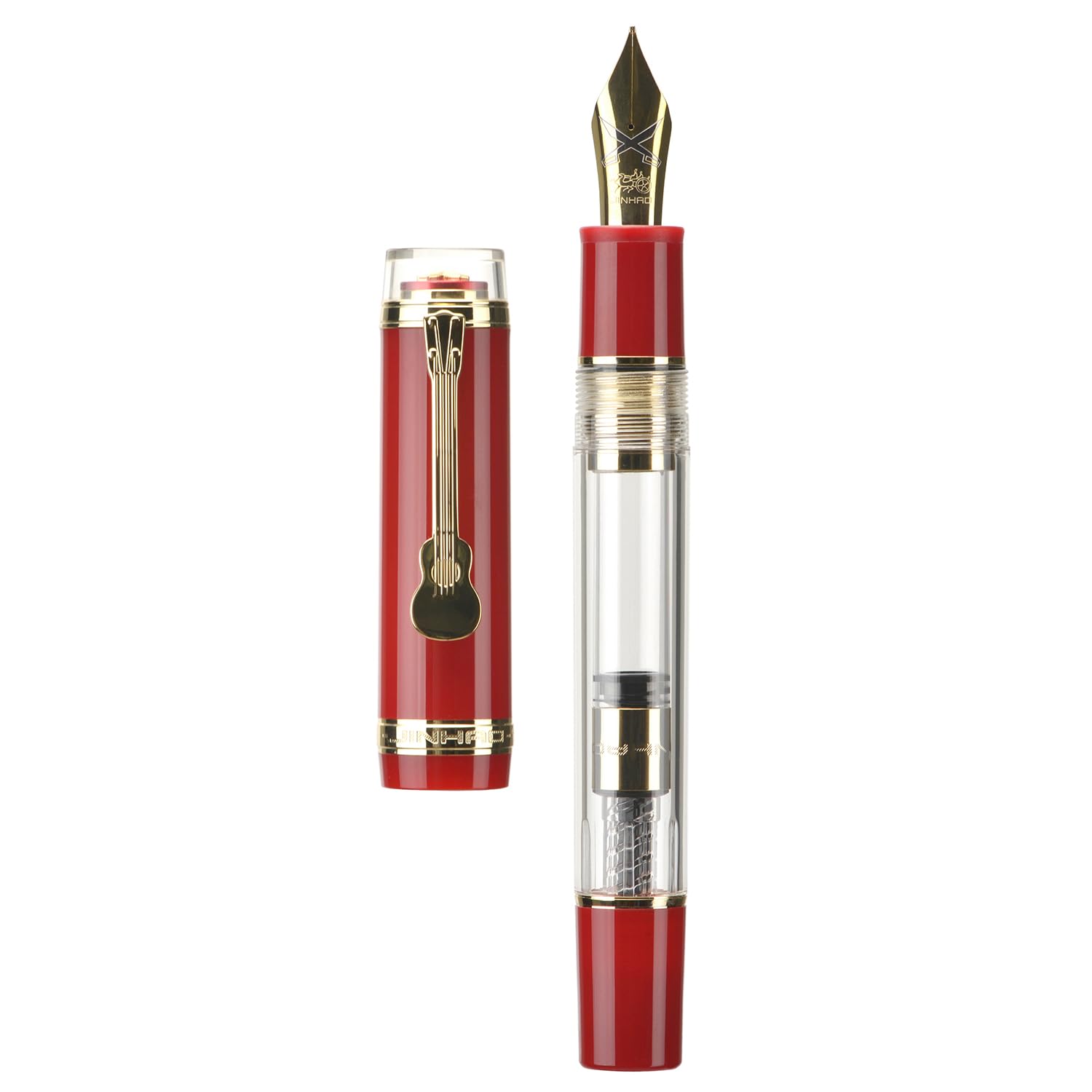 Jinhao 1935 Tiandao Series Fountain Pen – Red & Clear Acrylic Body, Dual tone Medium Nib Nib, Gold Guitar Clip With Large Converter