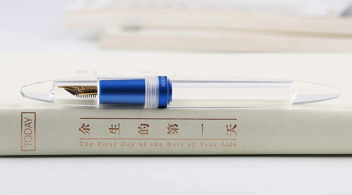 Moonman M2 Fountain Pen Metallic Blue Transparent Eye Dropper Filling Large-Capacity Ink Storing, Fine Nib Gift Set