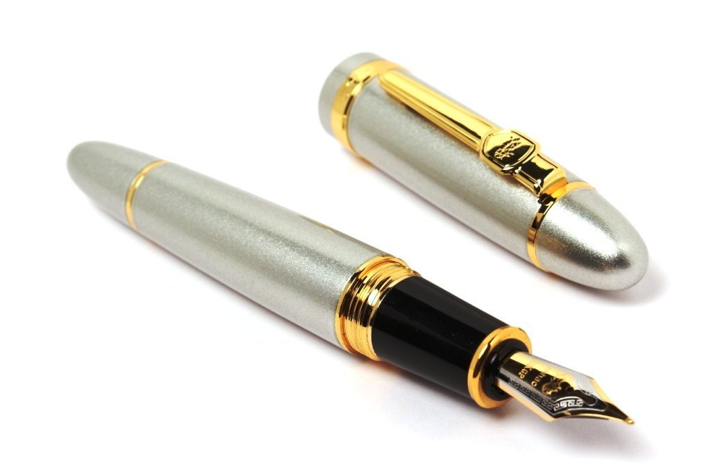 Jinhao 159 Heavyweight Signature Fountain Pen – Shiny Silver with Gold Trims, Streamlined Design, Medium Nib & Ink Converter