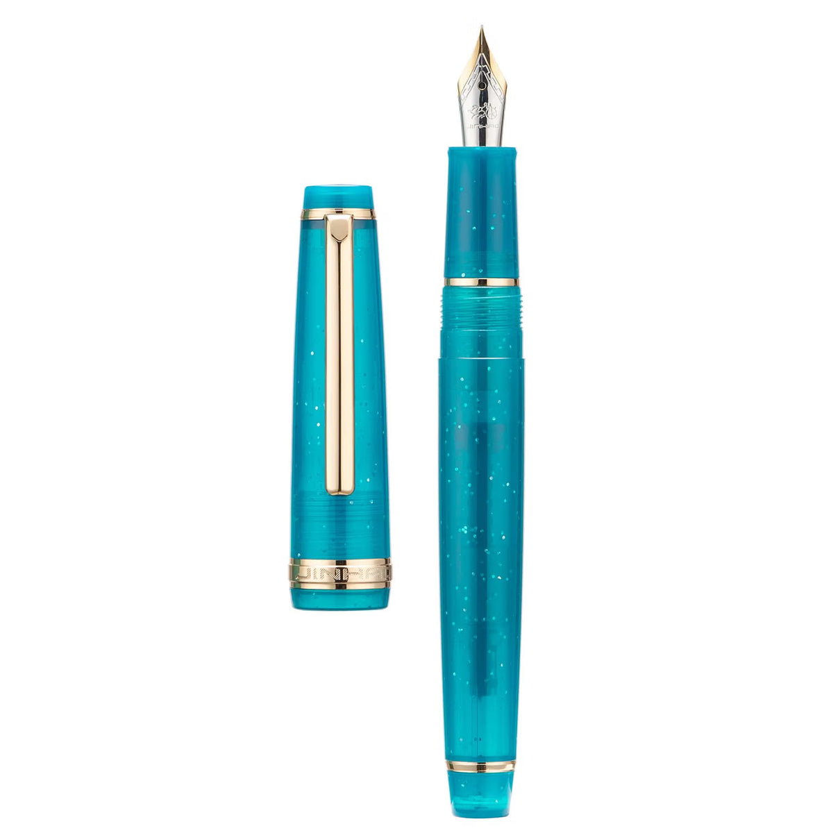 Jinhao 82 Transparent Peacock  Blue Celluloid Fountain Pen with Fine Nib, Gold Clip & Ink Converter