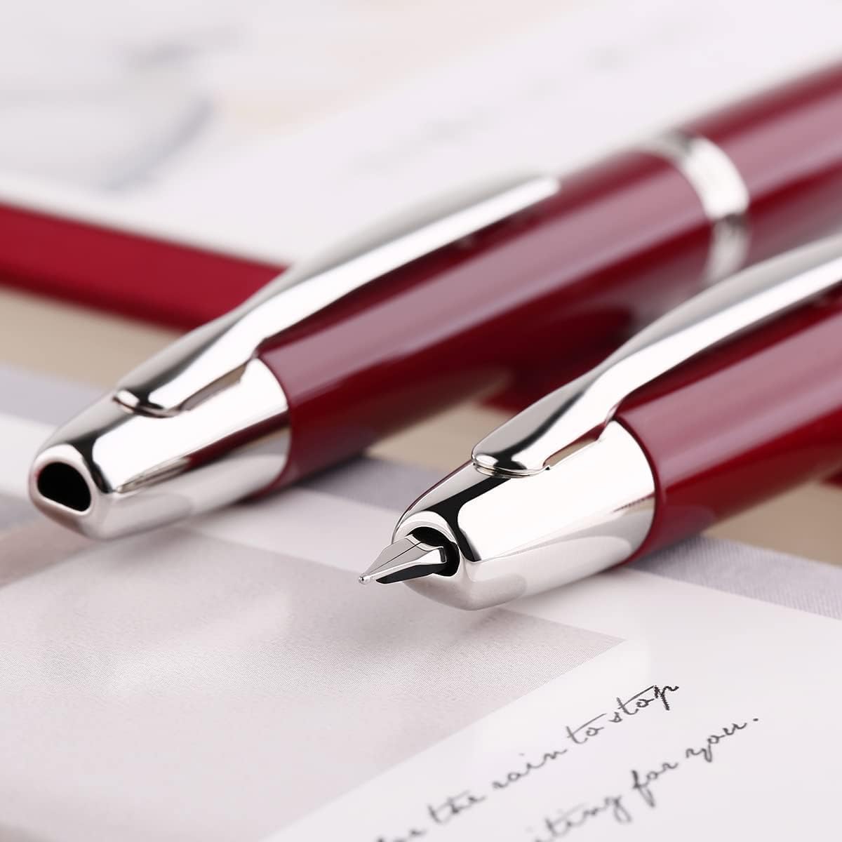 Moonman A1 Press Fountain Pen with Box, Retractable Extra Fine Nib Metal Wine Red Ink Pen with Converter for Writing (With Clip Version)