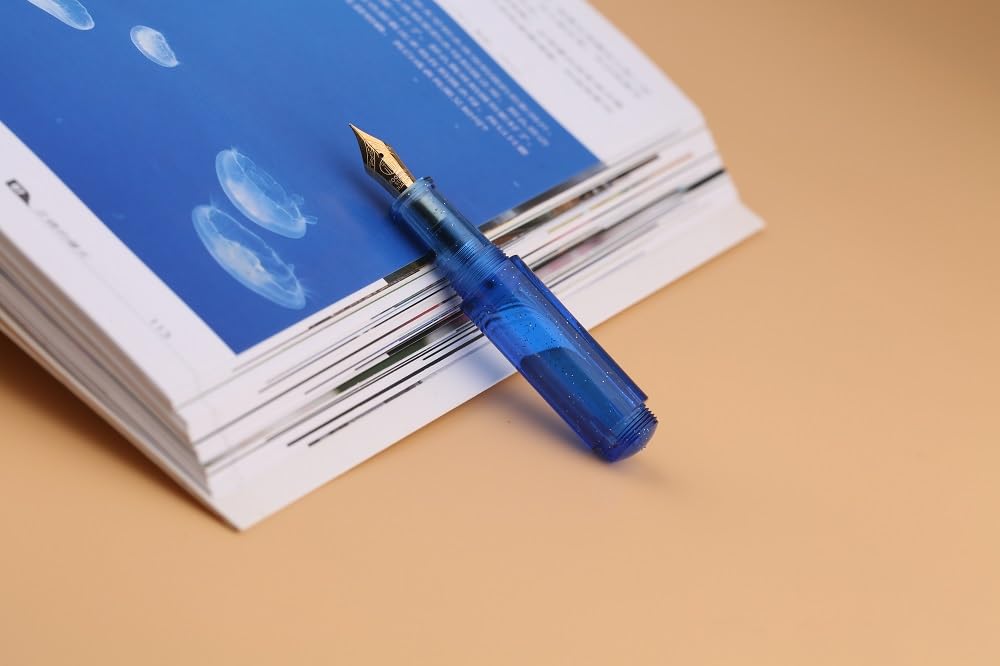Moonman Wancai Mini Fountain Pen, Iridium Extra Fine Nib Starry Blue Acrylic Travel Pocket Pen, short Size Eyedropper Ink Bottle Filling