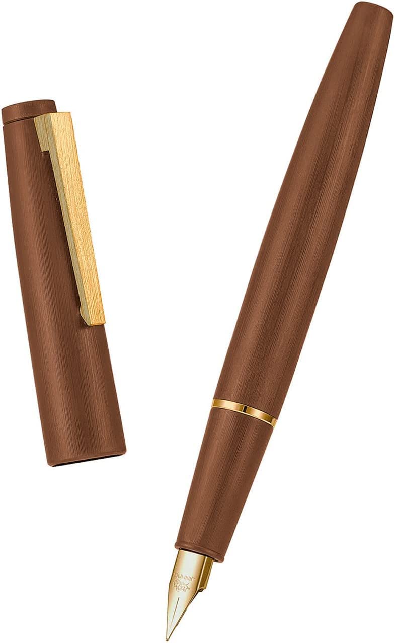 Jinhao 80 Brown Fiber Brushed Fountain Pen, Iridium Extra Fine and Fine Gold Nib with Ink Converter and Pen Set (Gold Clip)