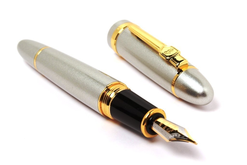 Jinhao 159 Heavyweight Signature Fountain Pen – Shiny Silver with Gold Trims, Streamlined Design, Medium Nib & Ink Converter