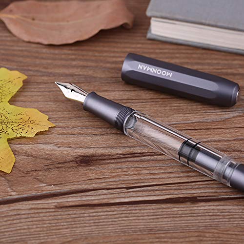 Moonman T1 Piston Fountain Pen 0.6 mm Fine Nib, Gray Aluminium Transparent Acrylic Large Ink Capacity Writing Pen Box