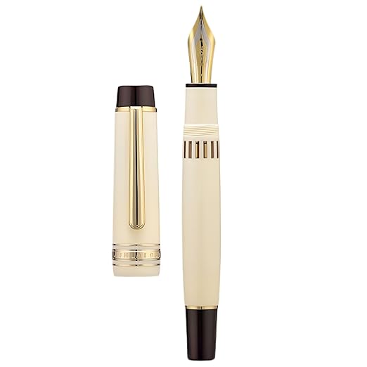 Wing Sung Junlai 630 Flat Top Acrylic Fountain Pen, Gold Trim, Piston Filling System ,Ivory White