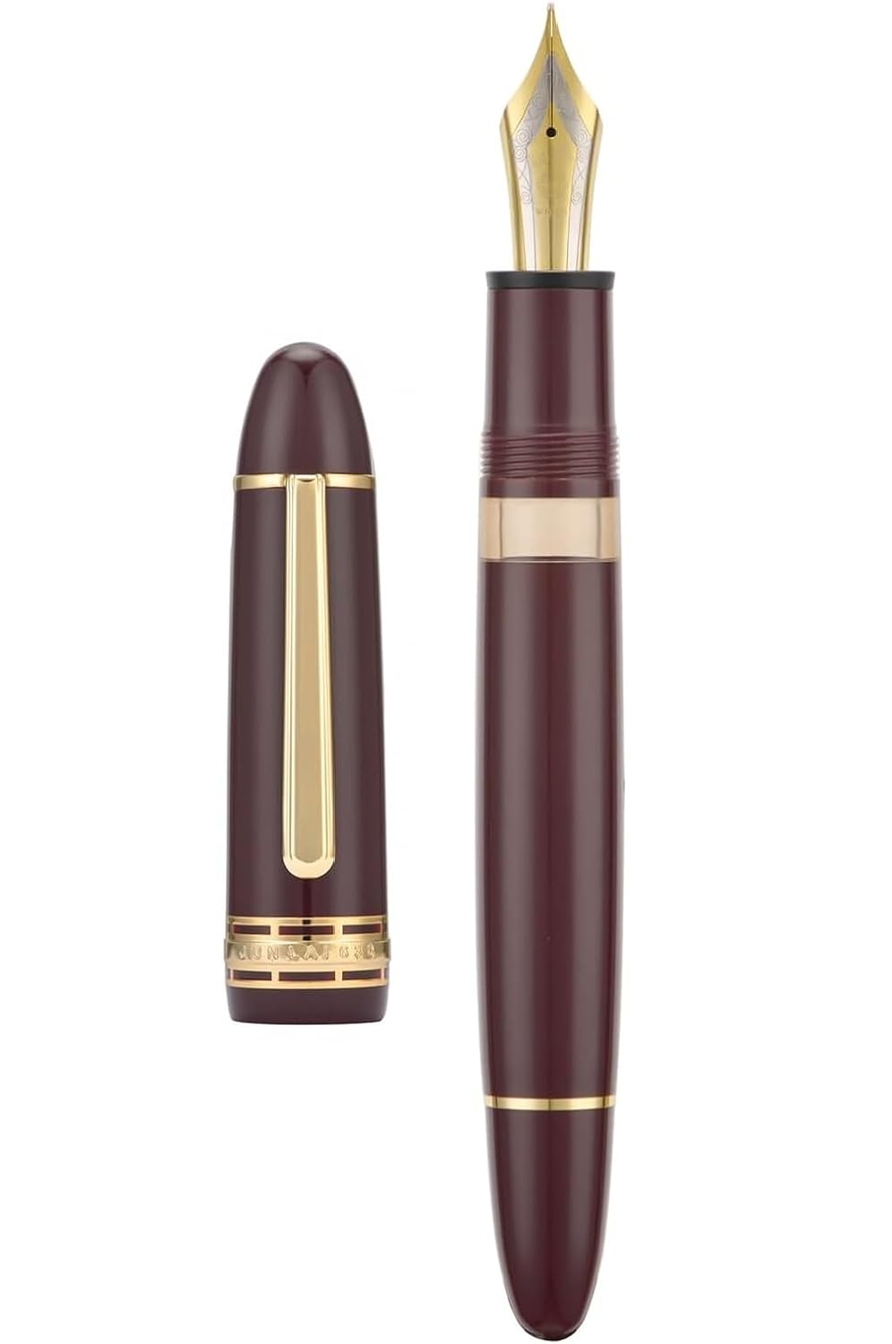 Wing Sung Junlai 630 Acrylic Fountain Pen – #8 Fine Nib, Piston Filling System, Piano Black / Maroon / Blue-Green(Transparent Ink Tank, Gold Trim)