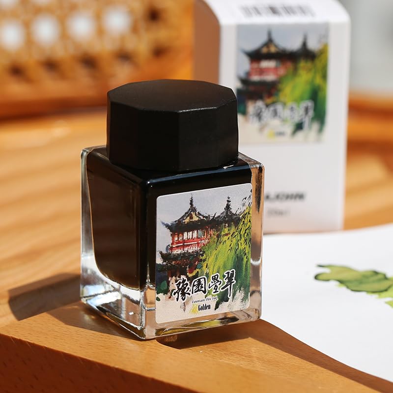 Moonman Magic City Olive Green Gold Powder Shimmer Fountain Pen Ink – Yu Garden, 20ml Bottled Ink for Calligraphy, Journaling & Creative Writing