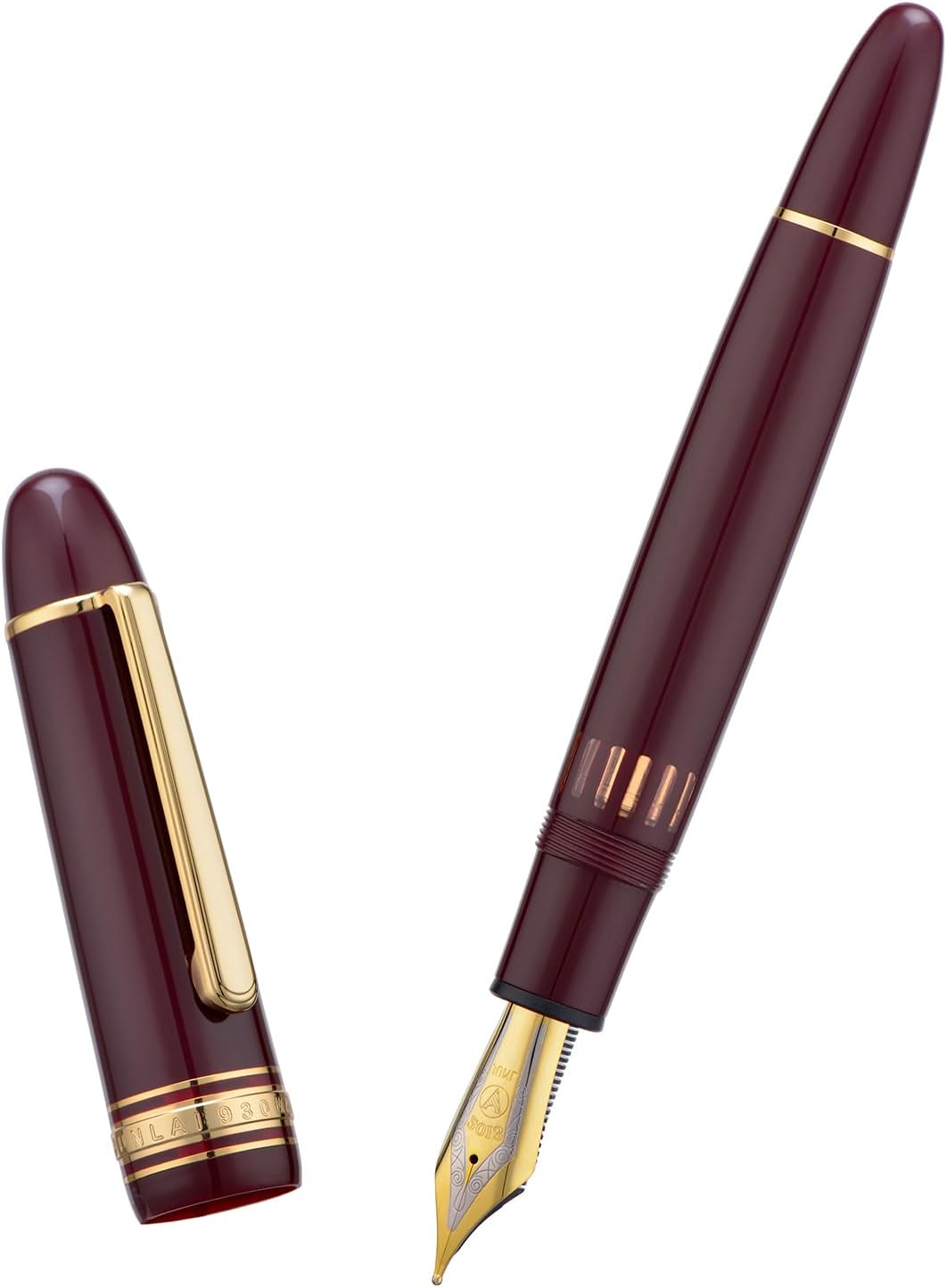 WingSung Junlai 930 Acrylic Fountain Pen, Size 9 Medium Nib with Piston Filling System, Piano Black Fence Ink Tank Design Smooth Writing Pen (Gold Trim)