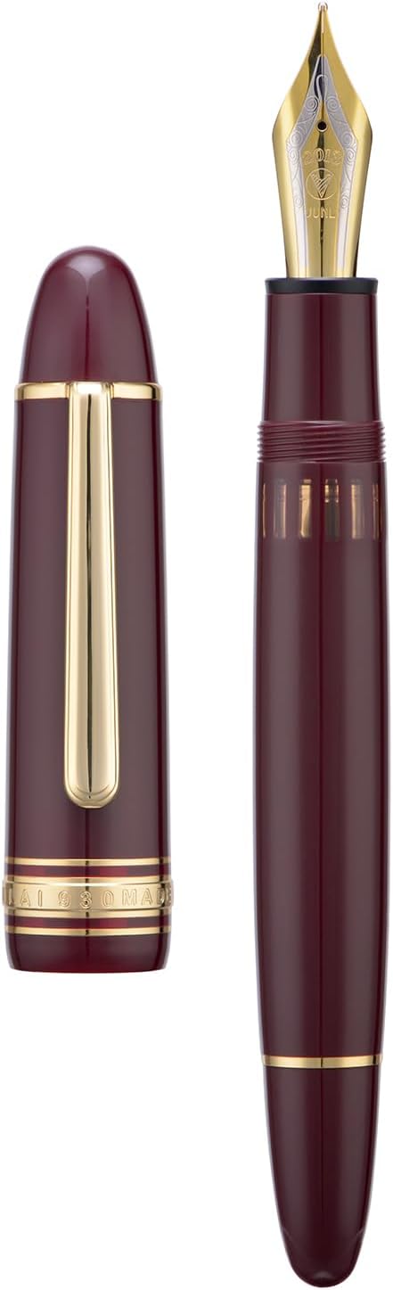 WingSung Junlai 930 Acrylic Fountain Pen, Size 9 Medium Nib with Piston Filling System, Piano Black Fence Ink Tank Design Smooth Writing Pen (Gold Trim)