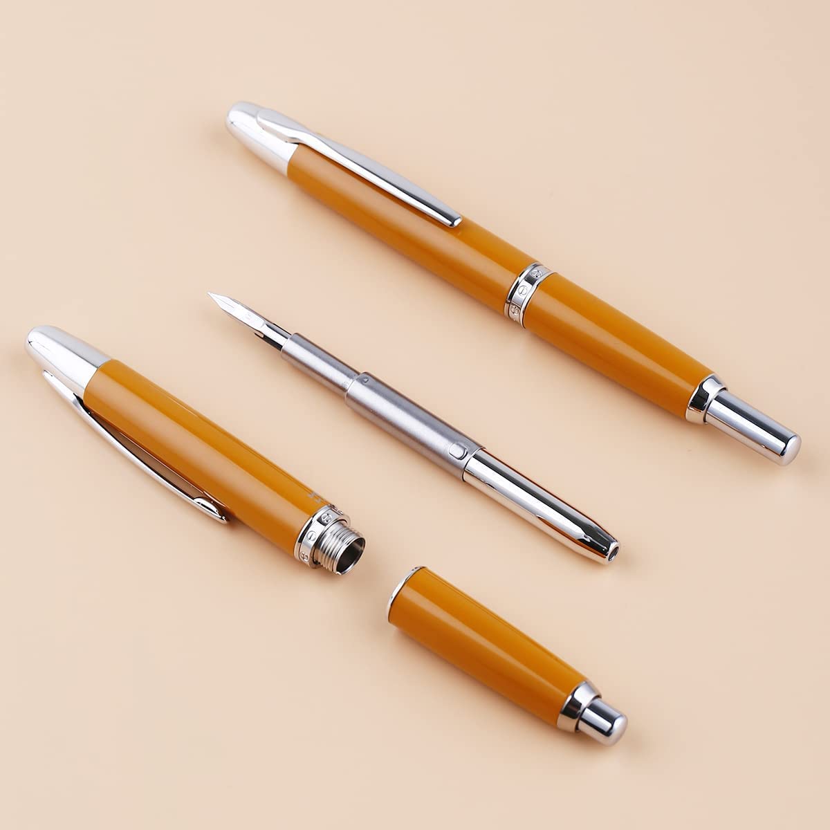 Moonman A1 Press Fountain Pen with Box, Retractable Extra Fine Nib Metal Orange Ink Pen with Converter for Writing (With Clip Version)