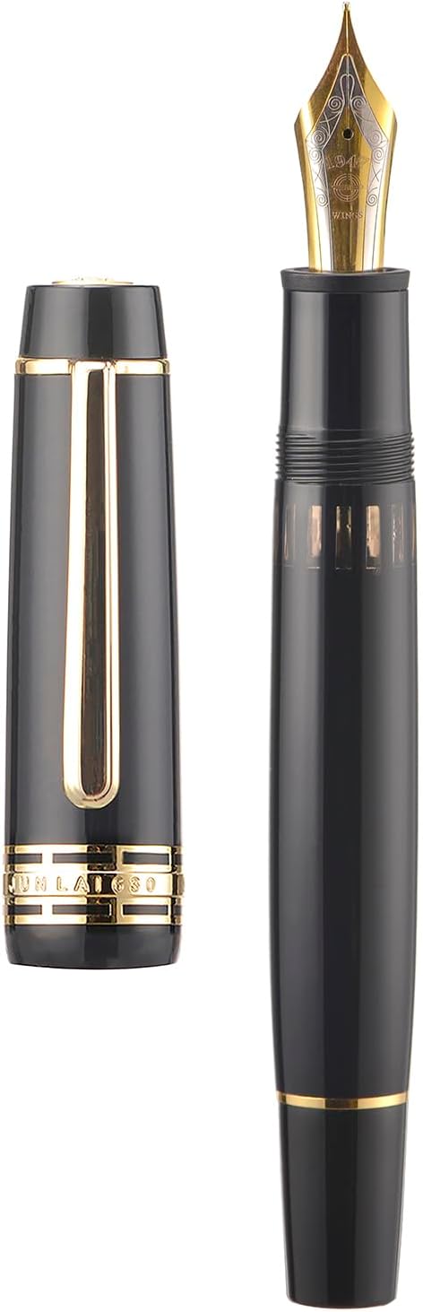 Wing Sung Junlai 630 Acrylic Fountain Pen – #8 Fine Nib, Piston Filling System, Flat Top Design, Blue-Green / Maroon / Piano Black (Fence Ink Tank, Gold Trim)