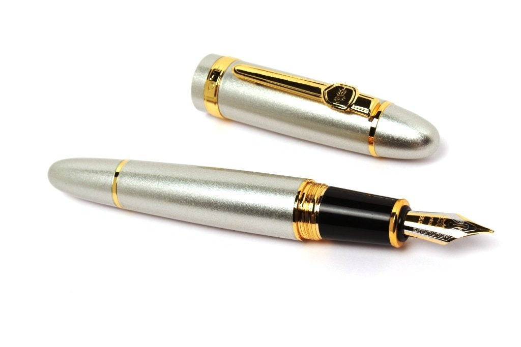 Jinhao 159 Heavyweight Signature Fountain Pen – Shiny Silver with Gold Trims, Streamlined Design, Medium Nib & Ink Converter