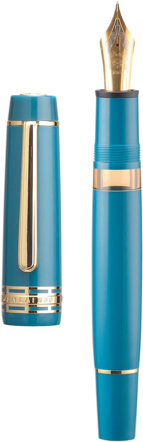 Wing Sung Junlai 630 Acrylic Fountain Pen – #8 Fine Nib, Piston Filling System, Flat Top Design, Blue-Green / Maroon / Piano Black (Transparent Ink Tank, Gold Trim)