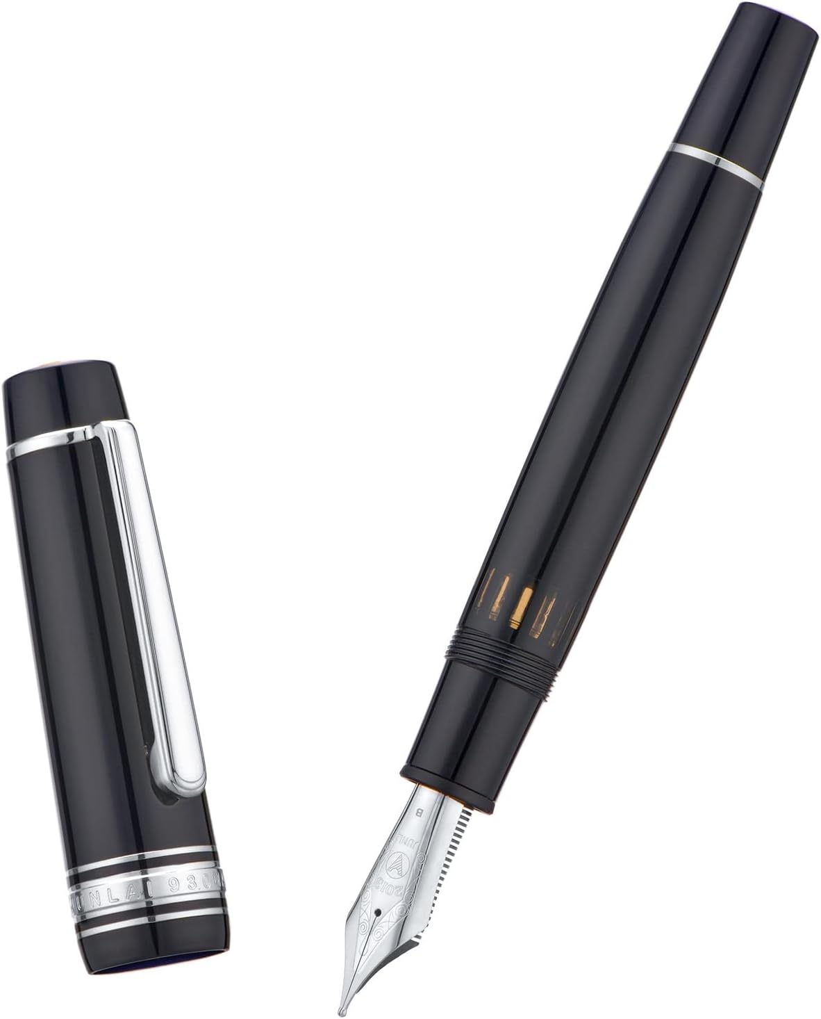 WingSung Junlai 930 Acrylic Fountain Pen – Flat Top Design with Piston Filling System, Size #9 Iridium Nib in Fine, Medium & Broad – Piano Black Fence Ink Tank with Silver Trim (No Ink)