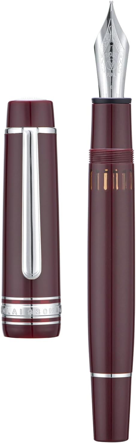 WingSung Junlai 930 Acrylic Fountain Pen – Flat Top Design with Piston Filling System, Size #9 Iridium Nib in Fine, Medium & Broad – Wine Red Fence Ink Tank with Silver Trim (No Ink)