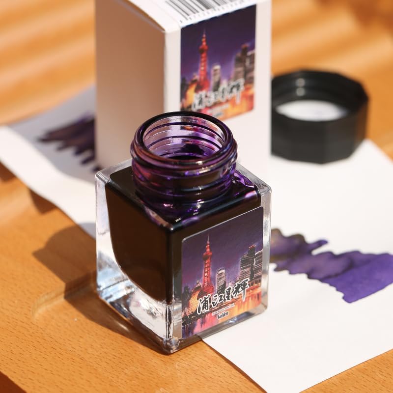 Moonman Magic City Purple Gold Powder Shimmer Fountain Pen Ink – Lujiazui, 20ml Bottled Ink for Calligraphy, Journaling & Creative Writing