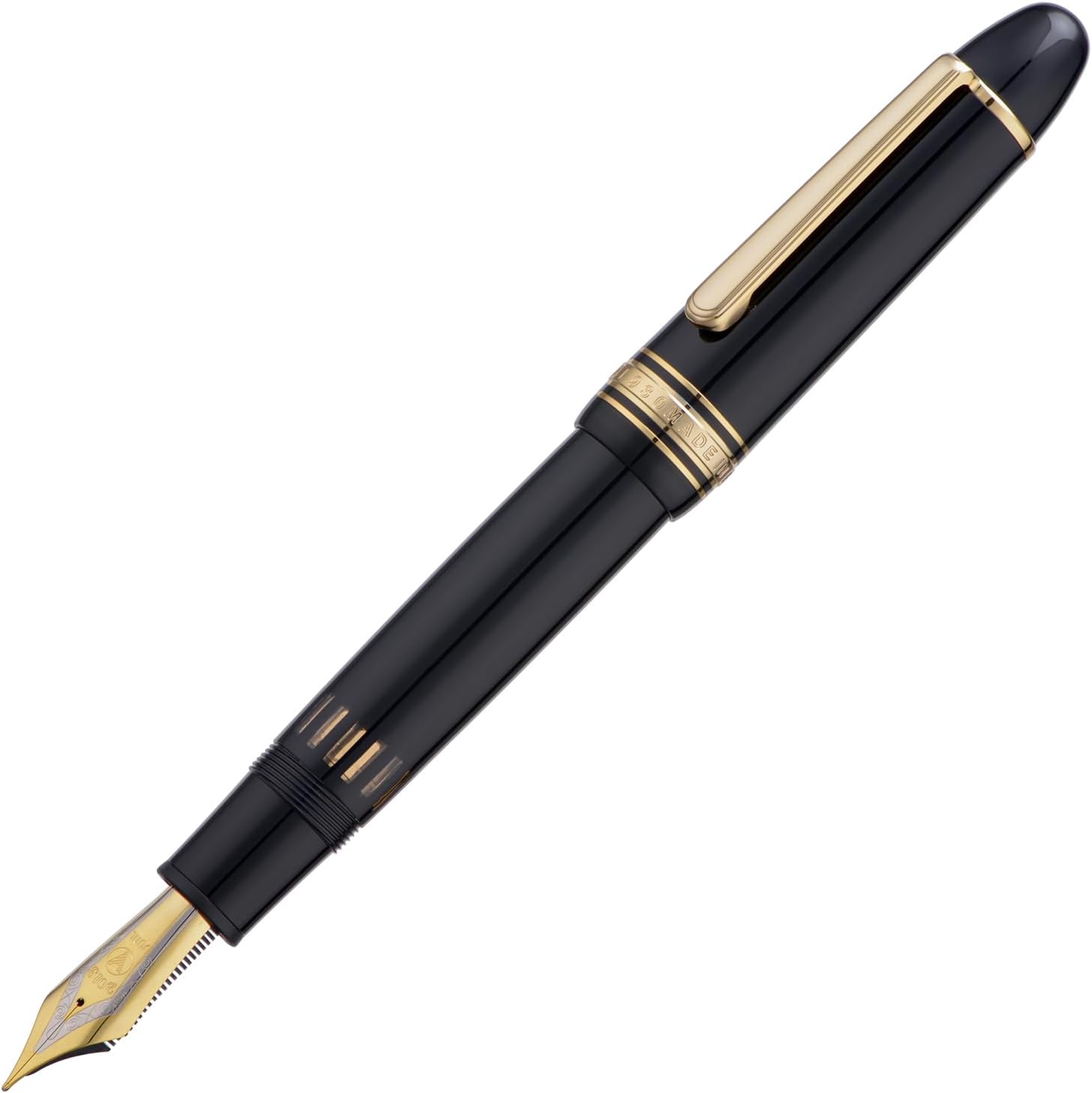 WingSung Junlai 930 Acrylic Fountain Pen, Size 9 Medium Nib with Piston Filling System, Piano Black Fence Ink Tank Design Smooth Writing Pen (Gold Trim)