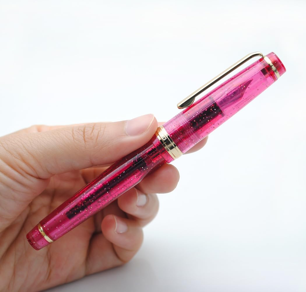 Jinhao 82 Pink Transparent Glitter Fountain Pen with Gold Trim, Resin Body & Screw Cap