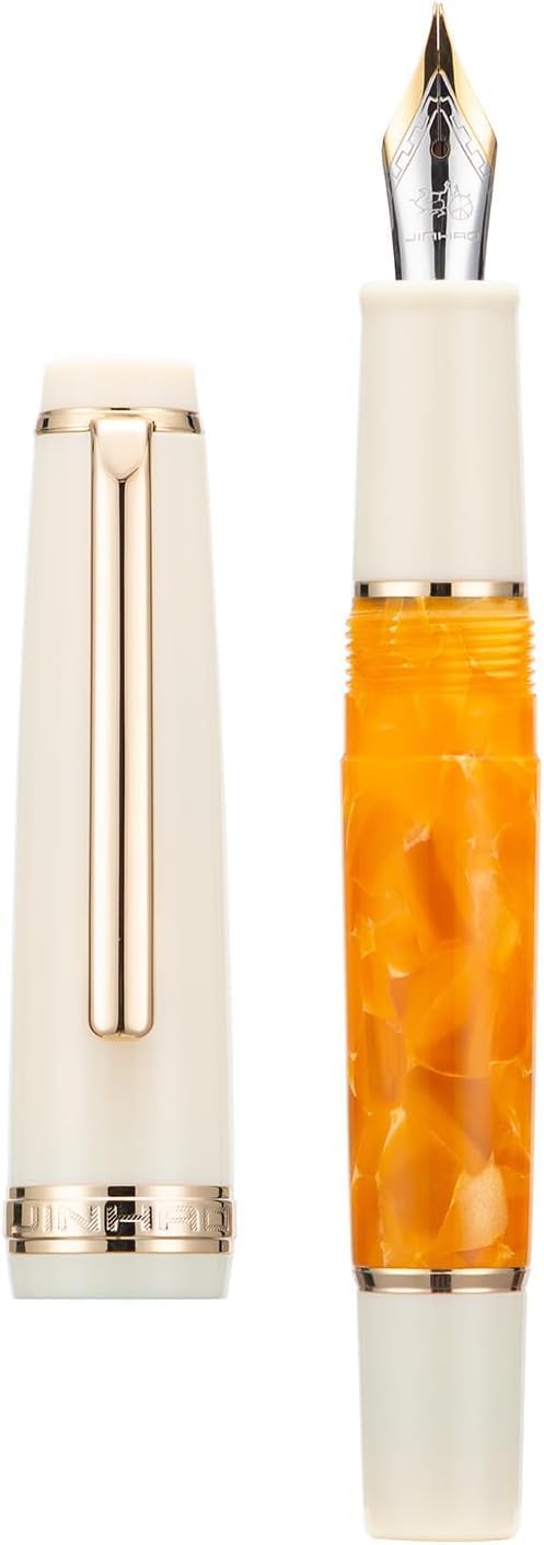 Jinhao 82 Mini Fountain Pen With Extra Fine , Smooth Writing Pocket Pen, Gold Trim, Acrylic Marble Orange, Includes Converter