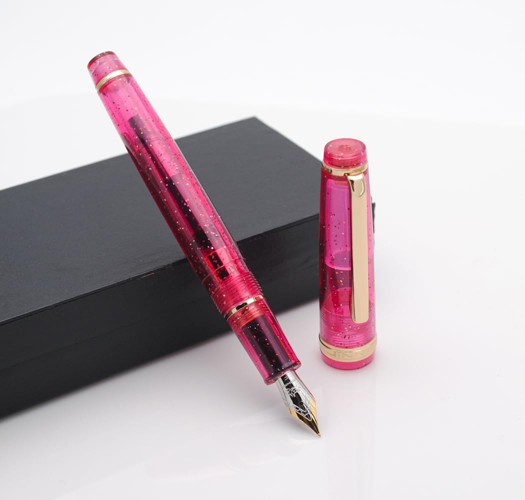 Jinhao 82 Pink Transparent Glitter Fountain Pen with Gold Trim, Resin Body & Screw Cap