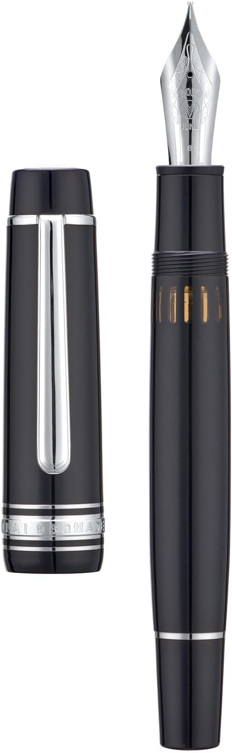WingSung Junlai 930 Acrylic Fountain Pen – Flat Top Design with Piston Filling System, Size #9 Iridium Nib in Fine, Medium & Broad – Piano Black Fence Ink Tank with Silver Trim (No Ink)