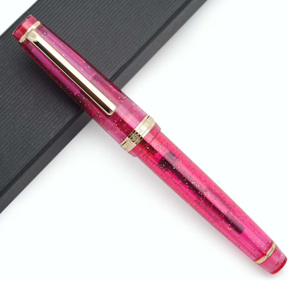 Jinhao 82 Pink Transparent Glitter Fountain Pen with Gold Trim, Resin Body & Screw Cap