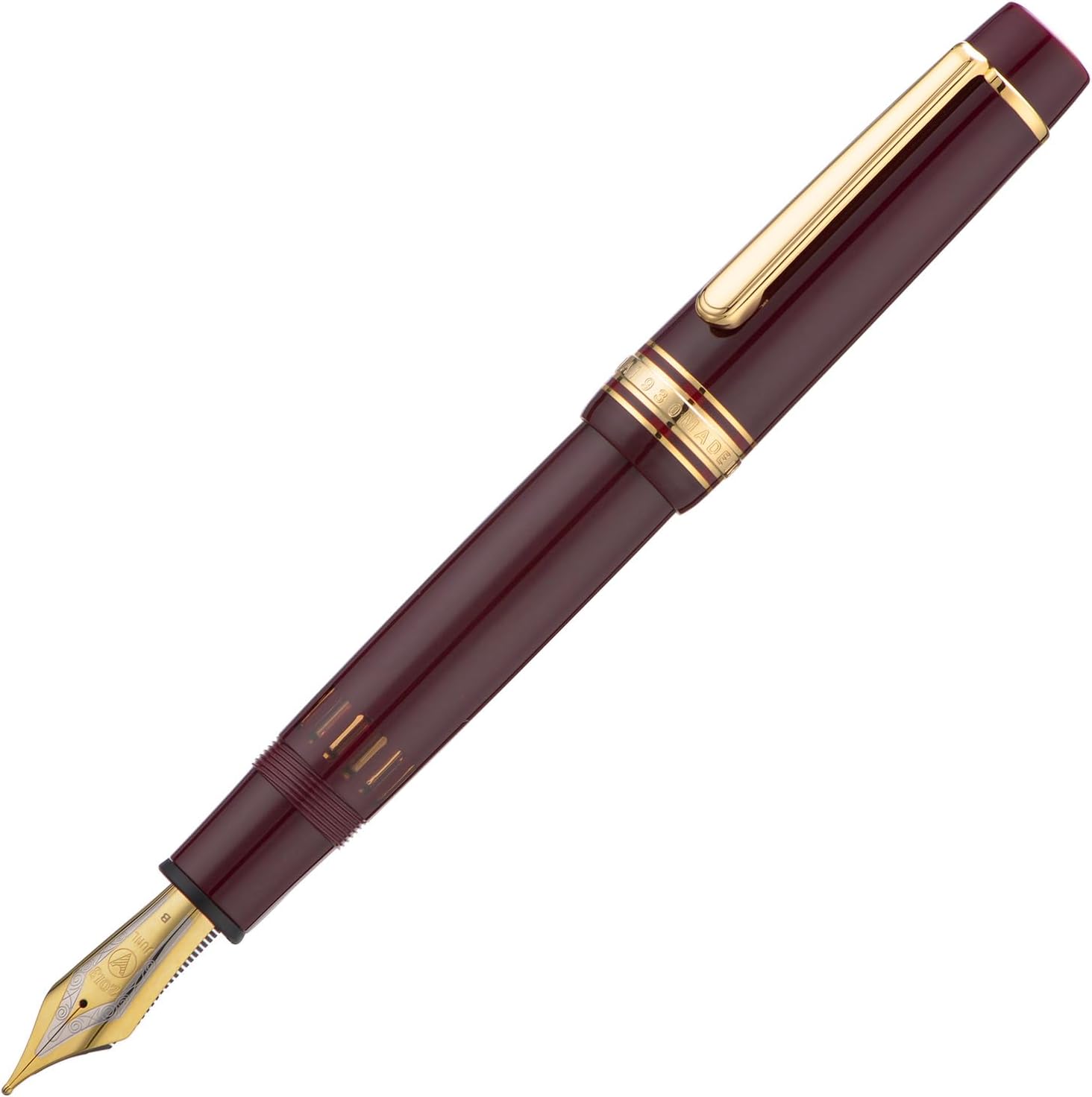 WingSung Junlai 930 Acrylic Fountain Pen – Flat Top Design with Piston Filling System, Size #9 Iridium Nib in Fine, Medium & Broad – Wine Red Fence Ink Tank with Gold Trim (No Ink)