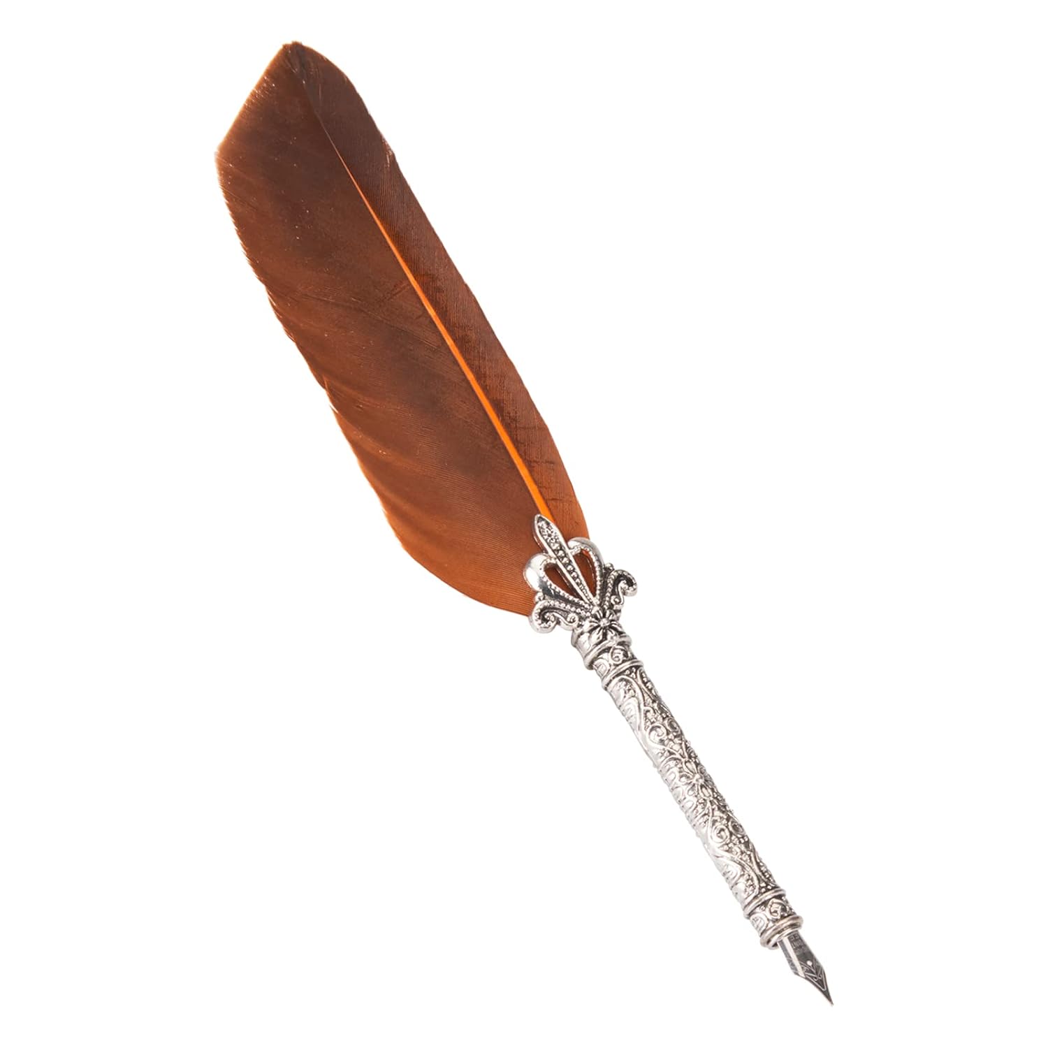 Feather Dip Fountain Pen – Natural Feather Quill Pen Set with 5 Stainless Steel Nibs for Calligraphy & Writing (Dark Orange)