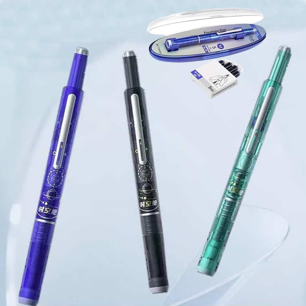 Dian Shi 1784 - Retractable Fountain Pen with 0.38mm Extra Fine Nib – Transparent Body, Smooth Writing, 5 Blue Ink Refills (Blue)